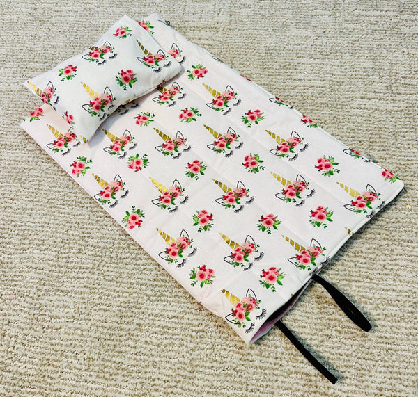 Unicorns/ Pink Flannel - 18 inch Doll Sleeping Bag with Pillow and Pillow Case