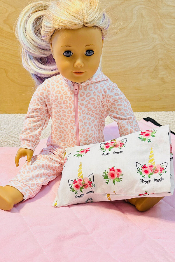 Unicorns/ Pink Flannel - 18 inch Doll Sleeping Bag with Pillow and Pillow Case