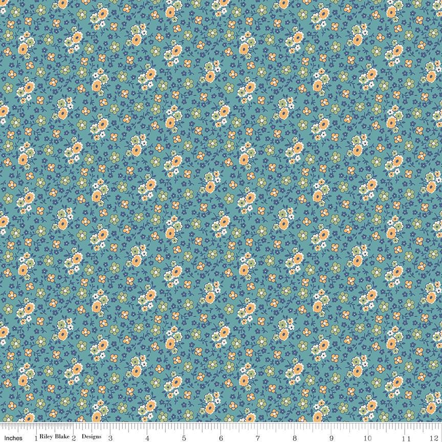 Fat Quarter, Blue Raindrop Bouquet , Designer Quilting Cotton, Autumn Collection by Lori Holt for Riley Blake Designs