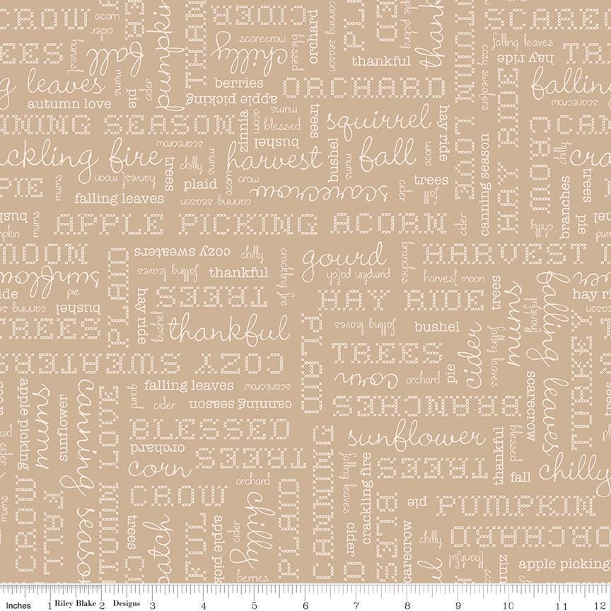 Fat Quarter Tea Dye Tan Words Designer Quilting Cotton, Autumn Collection by Lori Holt for Riley Blake Designs