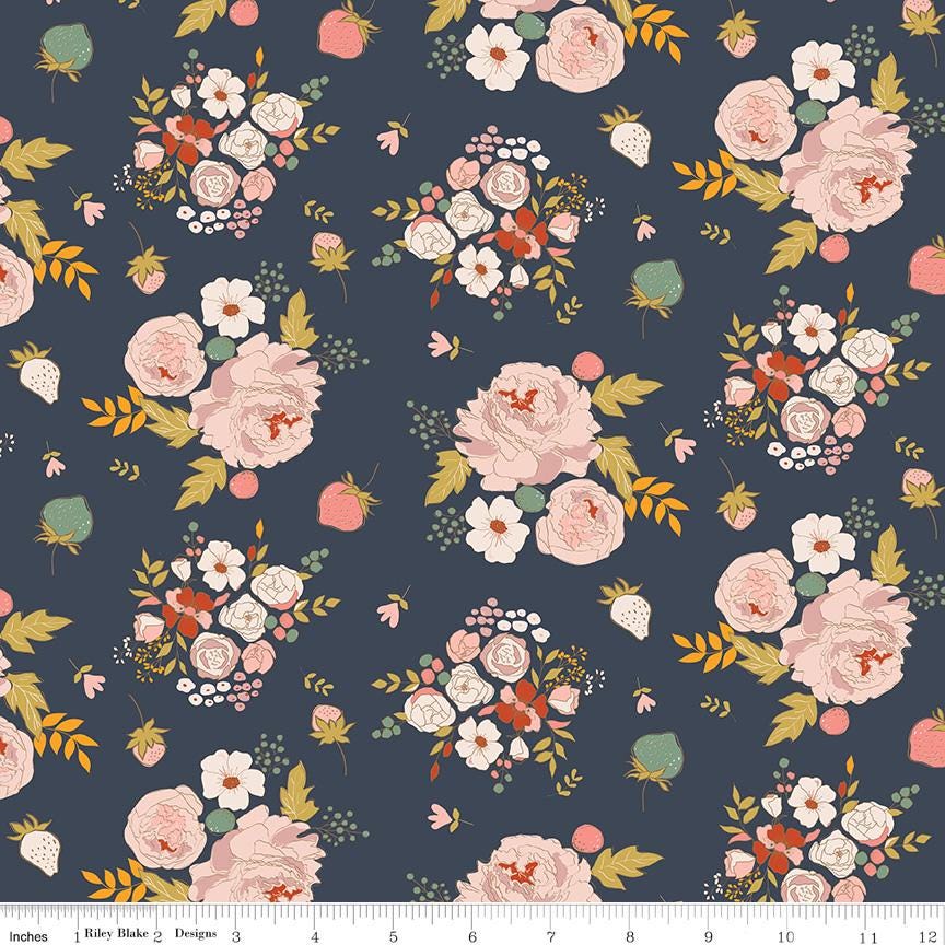 1/2 Yard Bloomberry, Midnight Blue, Main Designer Quilting Cotton by Minki Kim