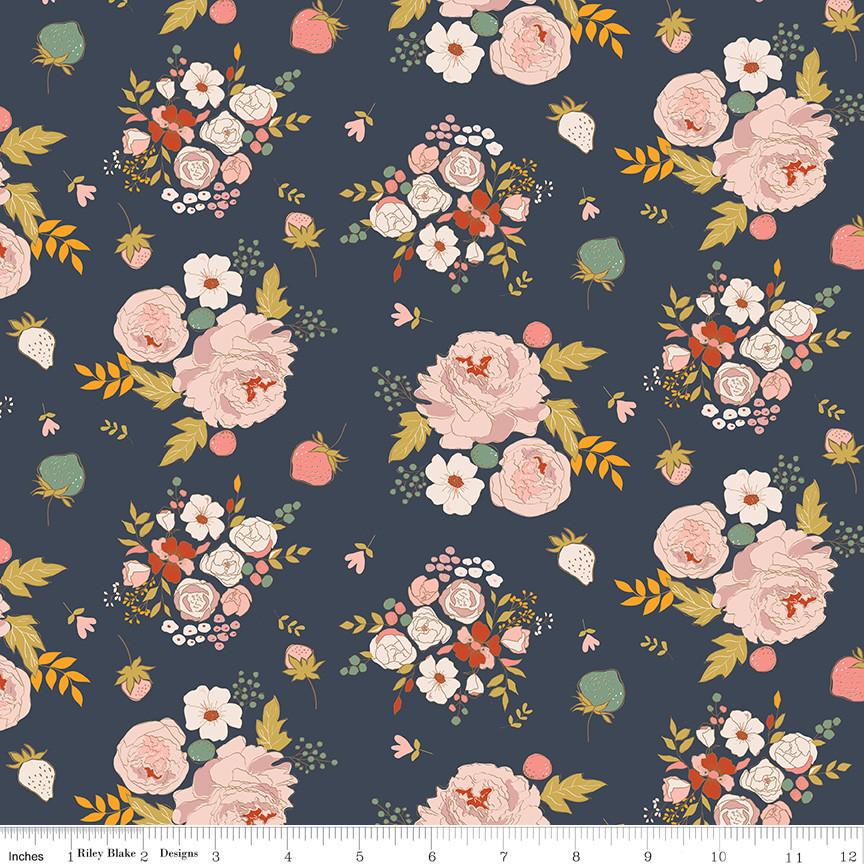 1/2 Yard Bloomberry, Midnight Blue, Main Designer Quilting Cotton by Minki Kim