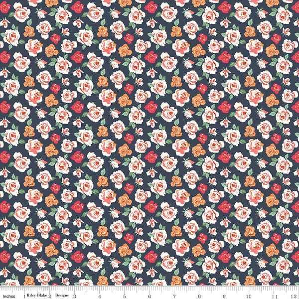 1/2 Yard Bloomberry, Midnight Blue, Tiny Roses Designer Quilting Cotton by Minki Kim