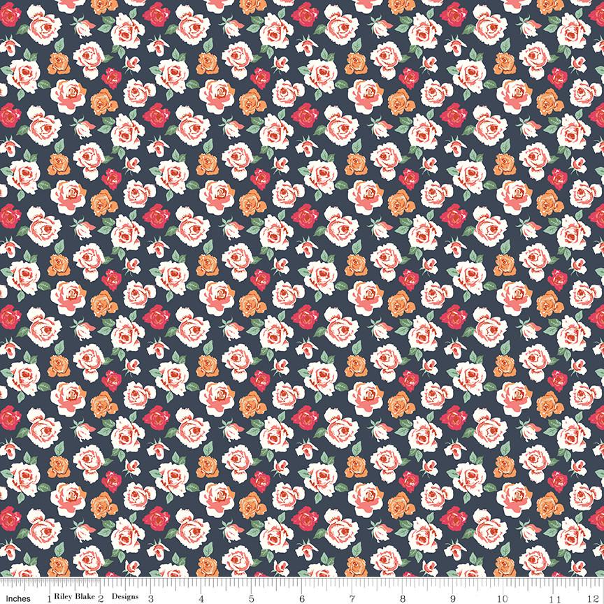 1/2 Yard Bloomberry, Midnight Blue, Tiny Roses Designer Quilting Cotton by Minki Kim