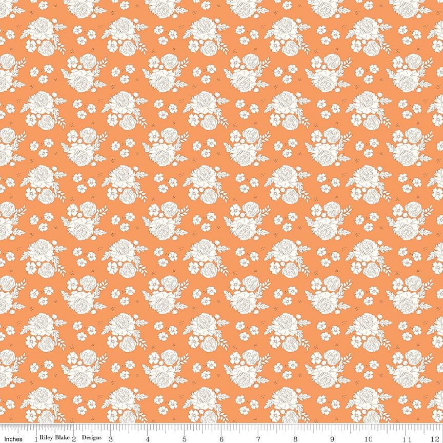 1/2 Yard Bloomberry Petite Flowers, Tangerine Orange, Designer Quilting Cotton by Minki Kim