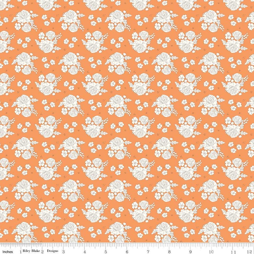 1/2 Yard Bloomberry Petite Flowers, Tangerine Orange, Designer Quilting Cotton by Minki Kim