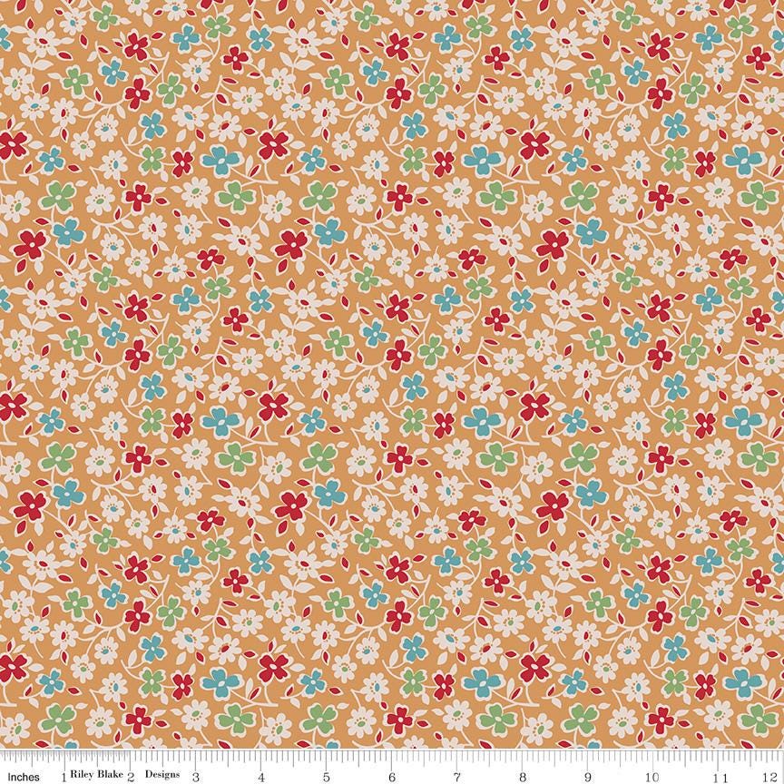 1/2 Yard or Fat Quarter - Brown Cider Cosmos Designer Quilting Cotton, Autumn Collection by Lori Holt for Riley Blake Designs