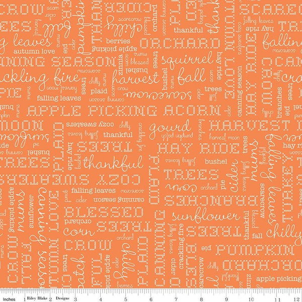 1/2 Yard, Orange Pumpkin Words, Designer Quilting Cotton, Autumn Collection by Lori Holt for Riley Blake Designs