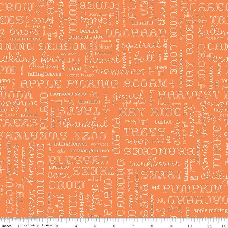 1/2 Yard, Orange Pumpkin Words, Designer Quilting Cotton, Autumn Collection by Lori Holt for Riley Blake Designs