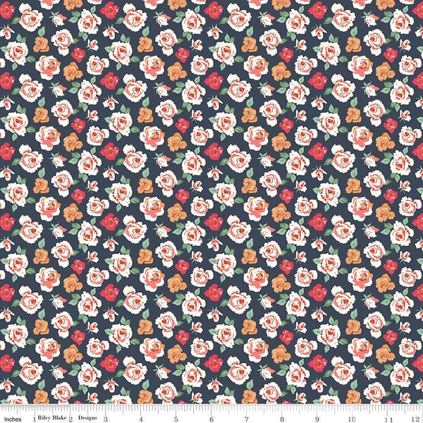 1/2 Yard Bloomberry, Midnight Blue, Tiny Roses Designer Quilting Cotton by Minki Kim