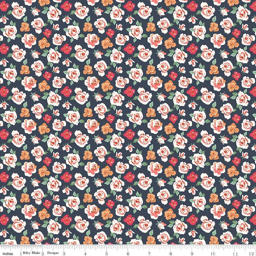 1/2 Yard Bloomberry, Midnight Blue, Tiny Roses Designer Quilting Cotton by Minki Kim