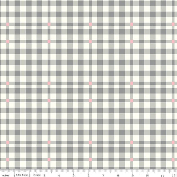 1/2 Yard Bloomberry Plaid, Gray, Designer Quilting Cotton by Minki Kim