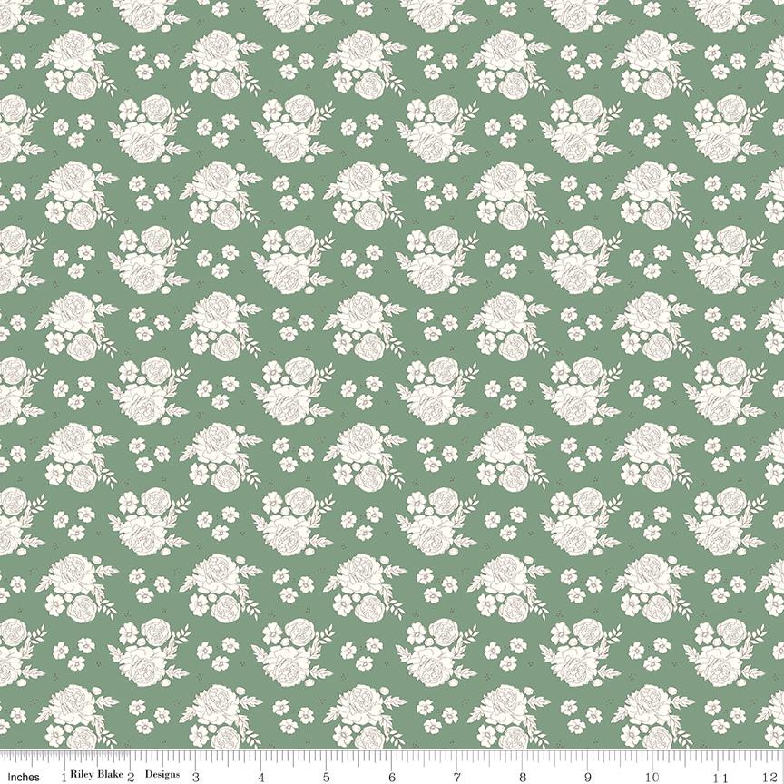 1/2 Yard Bloomberry, Green, Petite Flowers Designer Quilting Cotton by Minki Kim
