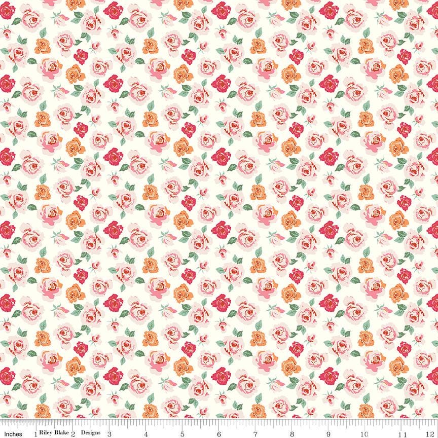 1/2 Yard Bloomberry Tiny Roses, Cream, Designer Quilting Cotton by Minki Kim