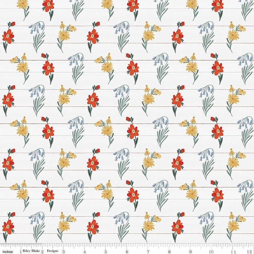 Clearance - 1/2 Yard Flat Fold, Farmhouse Summer Wildflowers, Off White, Designer Quilting Cotton by Echo Park Paper Co.