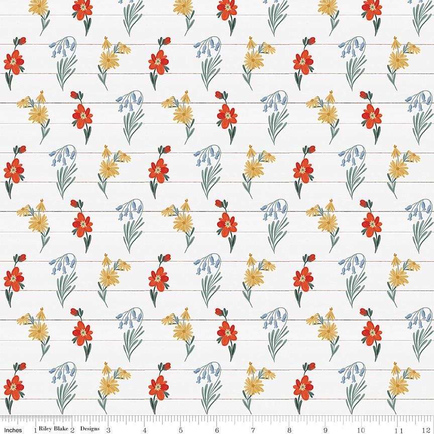 Clearance - 1/2 Yard Flat Fold, Farmhouse Summer Wildflowers, Off White, Designer Quilting Cotton by Echo Park Paper Co.
