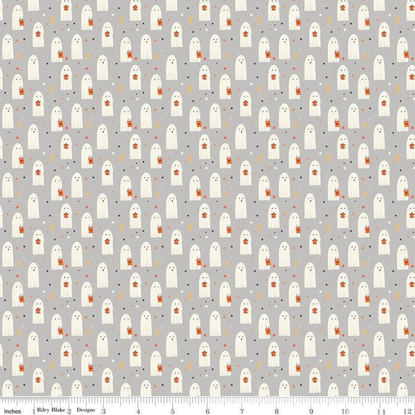 1/2 Yard Flat Fold - Gray Hey Bootiful Sheet Ghosts Designer Quilting Cotton