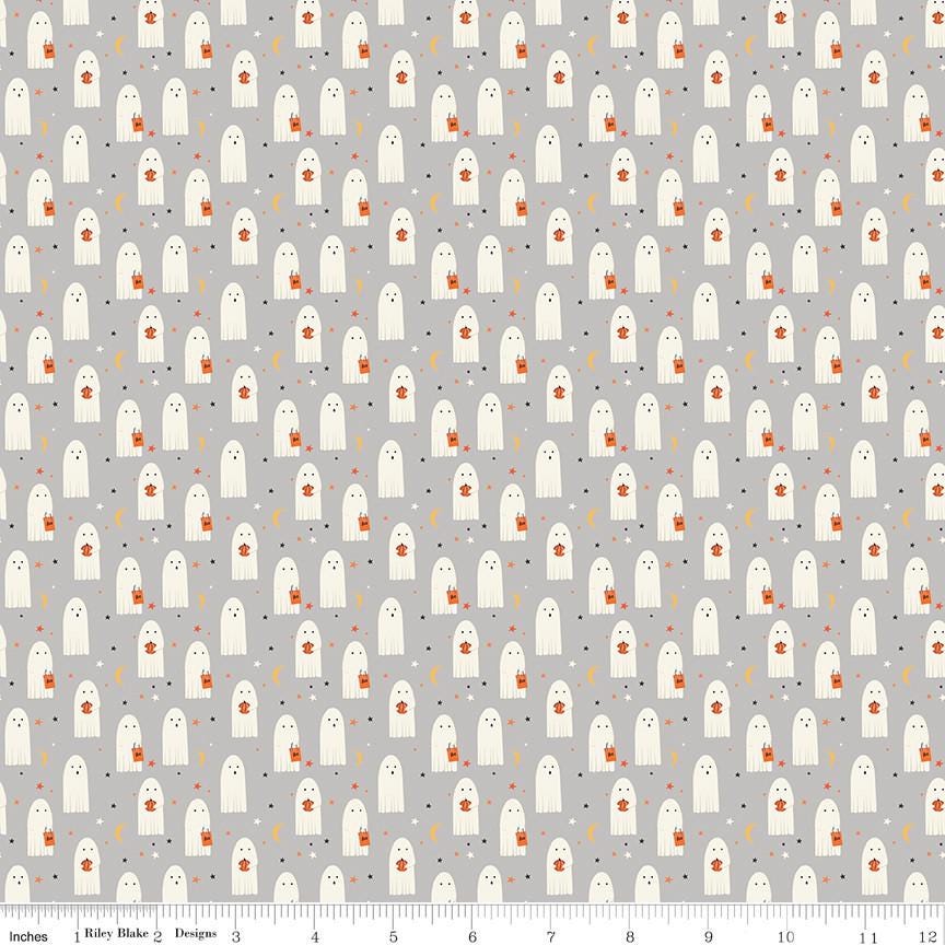 1/2 Yard Flat Fold - Gray Hey Bootiful Sheet Ghosts Designer Quilting Cotton