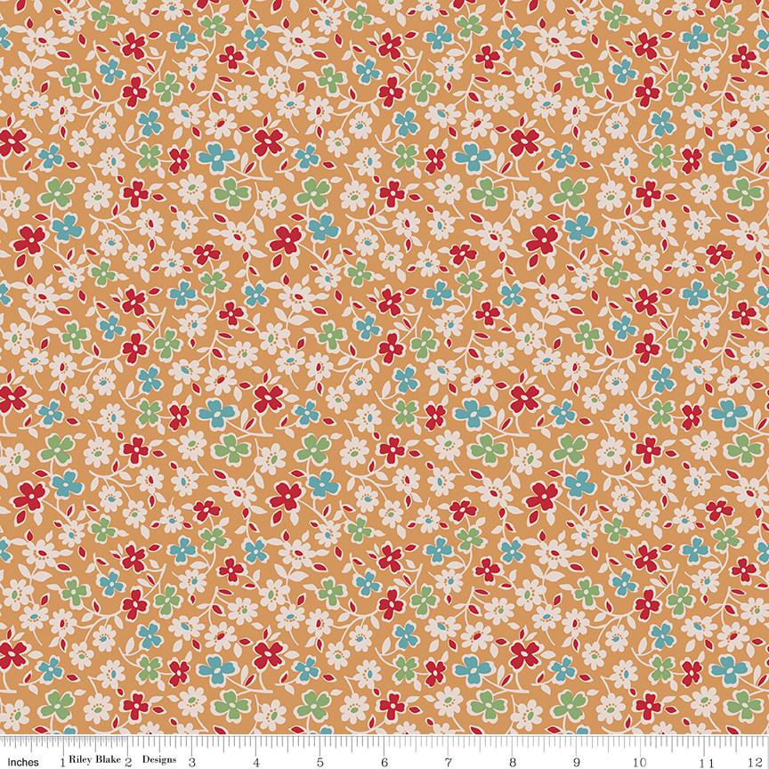 1/2 Yard or Fat Quarter - Brown Cider Cosmos Designer Quilting Cotton, Autumn Collection by Lori Holt for Riley Blake Designs