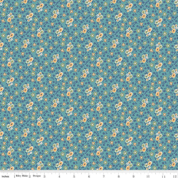 Fat Quarter, Blue Raindrop Bouquet , Designer Quilting Cotton, Autumn Collection by Lori Holt for Riley Blake Designs