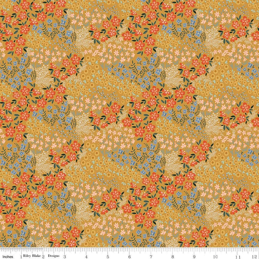 Clearance - 1/2 Yard Cuts, Farmhouse Summer Floral, Gold Yellow, Designer Quilting Cotton by Echo Park Paper Co.
