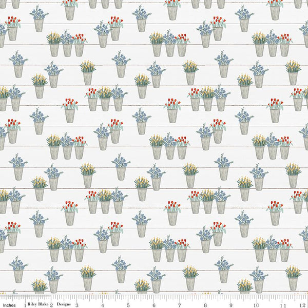 Clearance - 1/2 Yard Cuts, Farmhouse Summer Flower Pots, Off White, Designer Quilting Cotton by Echo Park Paper Co.
