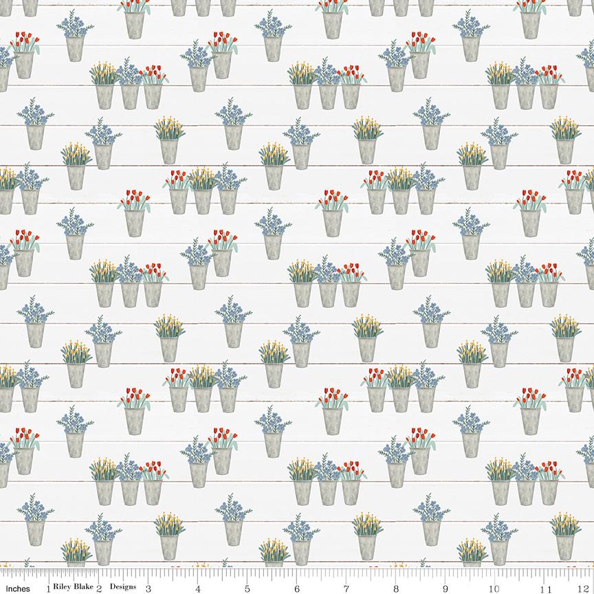 Clearance - 1/2 Yard Cuts, Farmhouse Summer Flower Pots, Off White, Designer Quilting Cotton by Echo Park Paper Co.