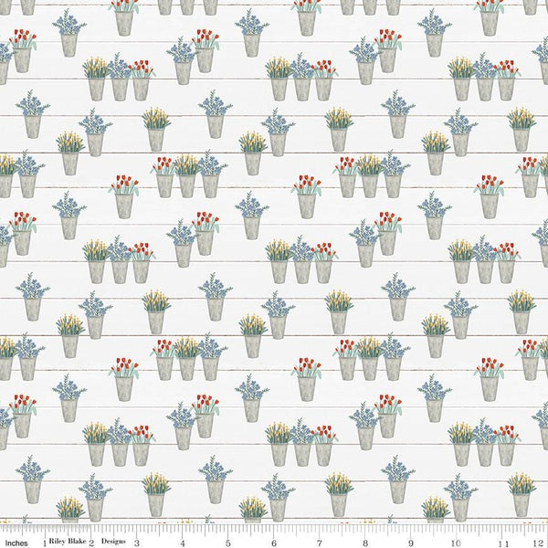 Clearance - 1/2 Yard Cuts, Farmhouse Summer Flower Pots, Off White, Designer Quilting Cotton by Echo Park Paper Co.