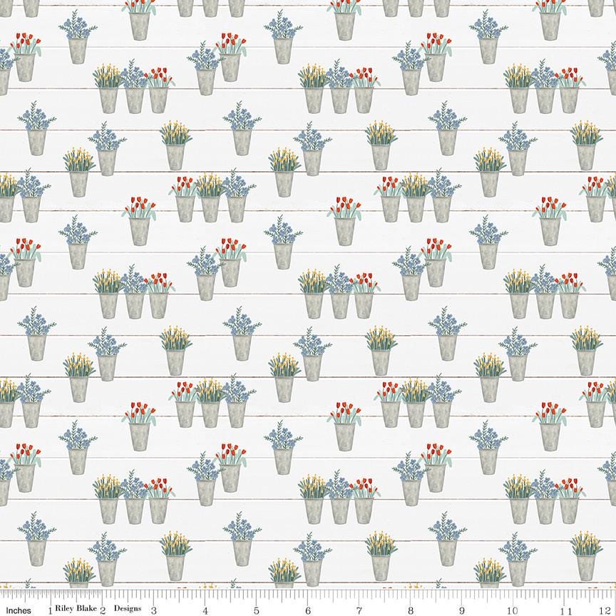 Clearance - 1/2 Yard Cuts, Farmhouse Summer Flower Pots, Off White, Designer Quilting Cotton by Echo Park Paper Co.