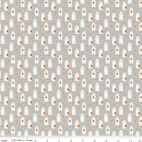 1/2 Yard Flat Fold - Gray Hey Bootiful Sheet Ghosts Designer Quilting Cotton