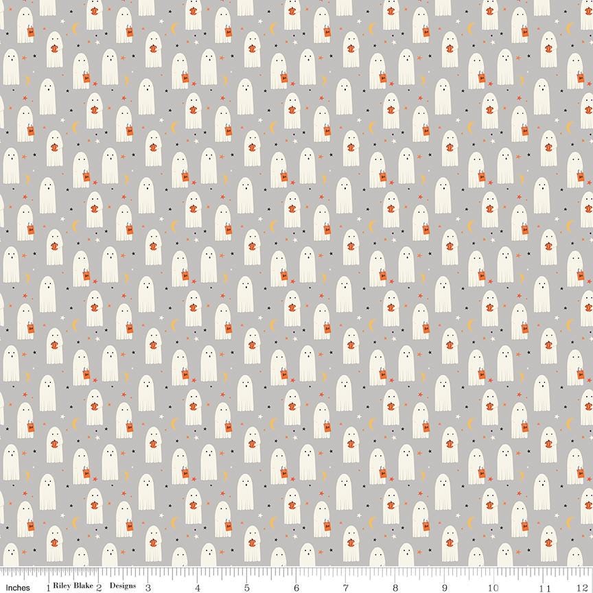 1/2 Yard Flat Fold - Gray Hey Bootiful Sheet Ghosts Designer Quilting Cotton