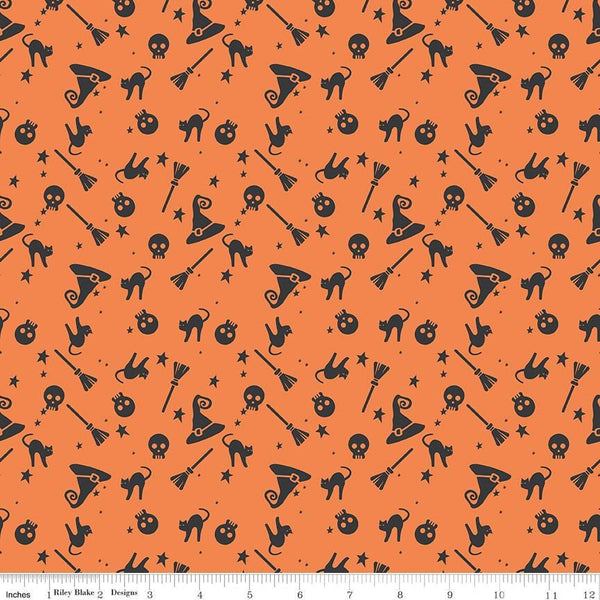 1/2 Yard Flat Fold - Orange Hey Bootiful Witch Icons Designer Quilting Cotton