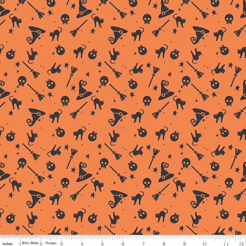 1/2 Yard Flat Fold - Orange Hey Bootiful Witch Icons Designer Quilting Cotton