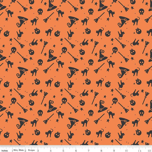 1/2 Yard Flat Fold - Orange Hey Bootiful Witch Icons Designer Quilting Cotton