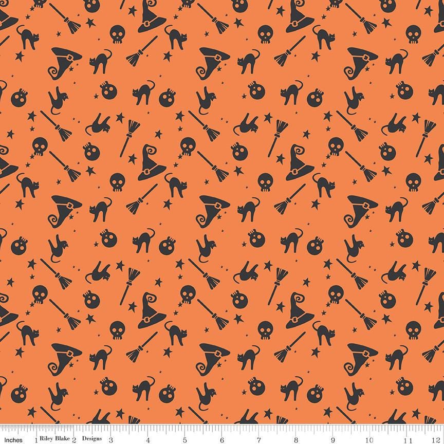 1/2 Yard Flat Fold - Orange Hey Bootiful Witch Icons Designer Quilting Cotton