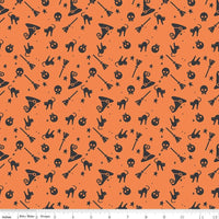 1/2 Yard Flat Fold - Orange Hey Bootiful Witch Icons Designer Quilting Cotton