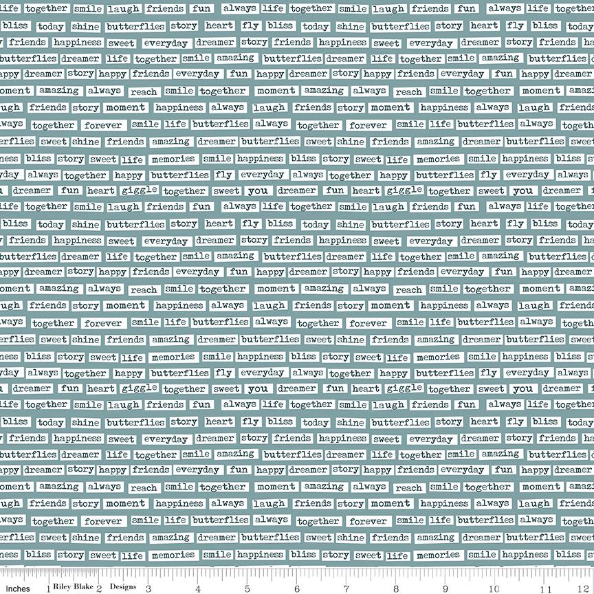 1/2 Yard, Vintage Charm Words Stone Blue, Designer Quilting Cotton by Dani Mogstad from Riley Blake Designs