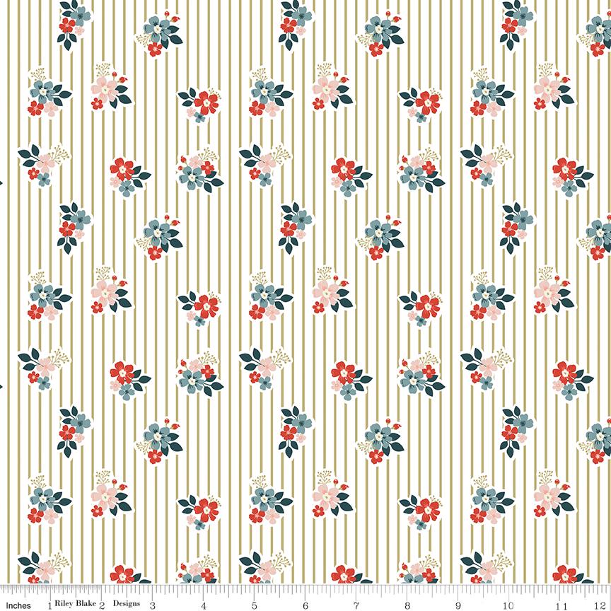 1/2 Yard, Vintage Charm Floral Stripes Pea, Designer Quilting Cotton by Dani Mogstad from Riley Blake Designs