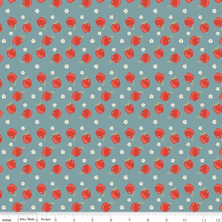 1/2 Yard, Vintage Charm Apples Stone Blue, Designer Quilting Cotton by Dani Mogstad from Riley Blake Designs