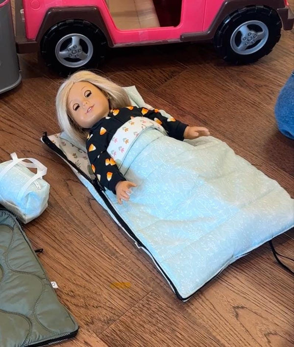 18 inch Doll Sleeping Bag Set - Green & Buffalo Check - Includes Weekend Bag, Pillow, and Pillow Case, Handmade Gift for Kids or Collectors
