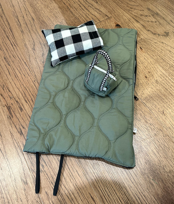 18 inch Doll Sleeping Bag Set - Green & Buffalo Check - Includes Weekend Bag, Pillow, and Pillow Case, Handmade Gift for Kids or Collectors
