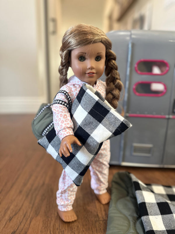 18 inch Doll Sleeping Bag Set - Green & Buffalo Check - Includes Weekend Bag, Pillow, and Pillow Case, Handmade Gift for Kids or Collectors