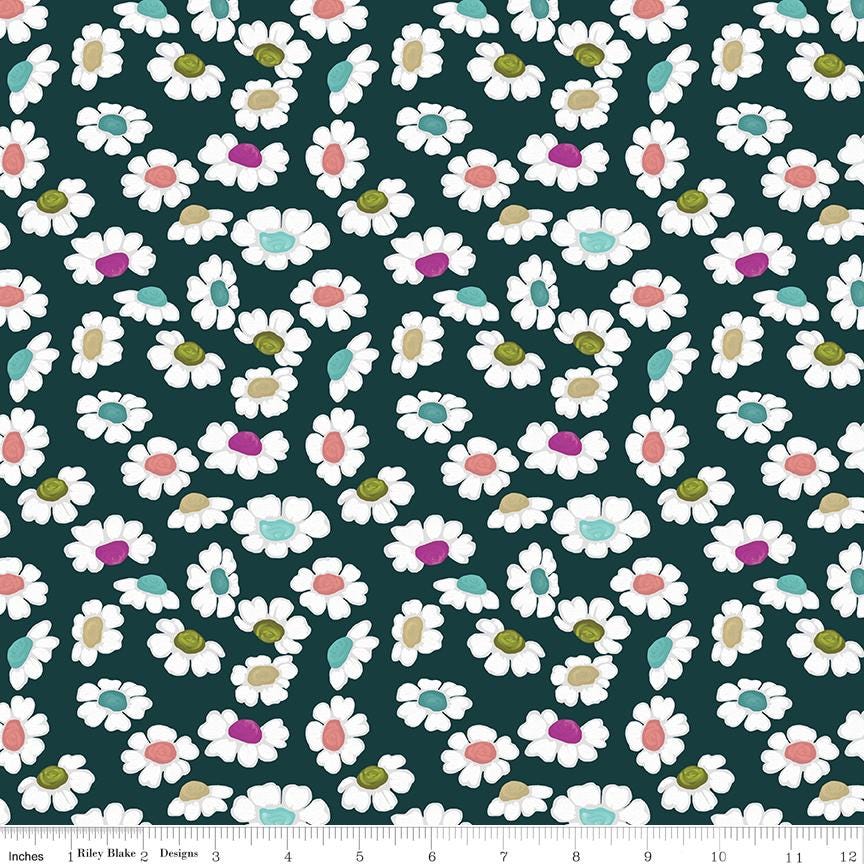1/2 Yard, Fragrant Fields Dancing Daisies, Dark Forest, Designer Quilting Cotton by Lila Tueller for Riley Blake Designs