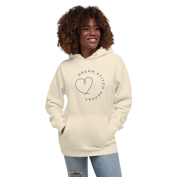 Dream Stitch Repeat Sewing Quilting Themed Sweatshirt, Blue on color